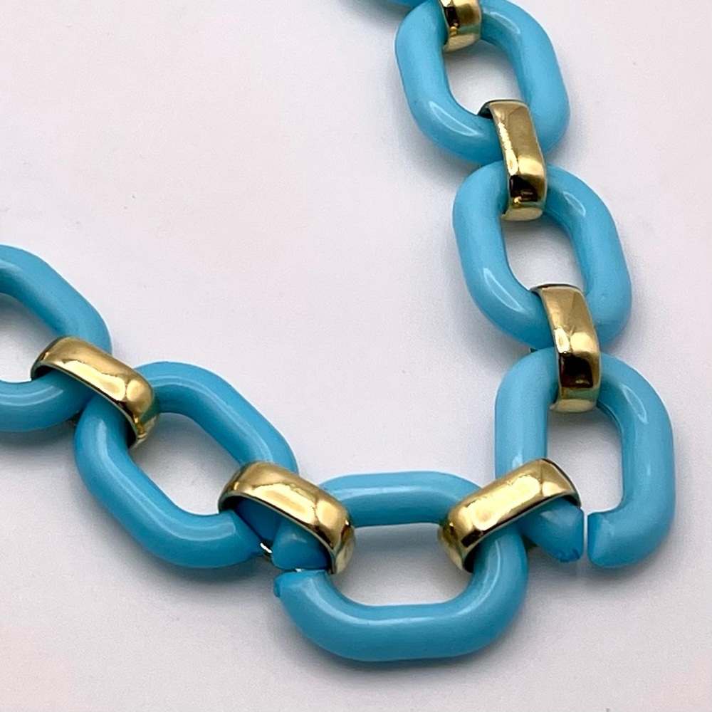 Cute Vintage Aqua Blue Acrylic and Gold Tone Link Chain Necklace - Picture 2 of 14